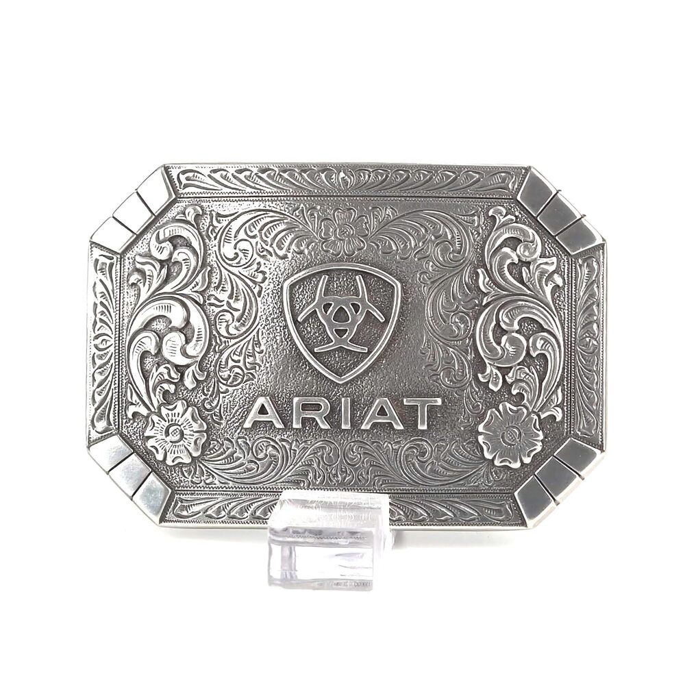 6806 Rectangle Buckle with Western Floral Engraving and Emblem, Antique